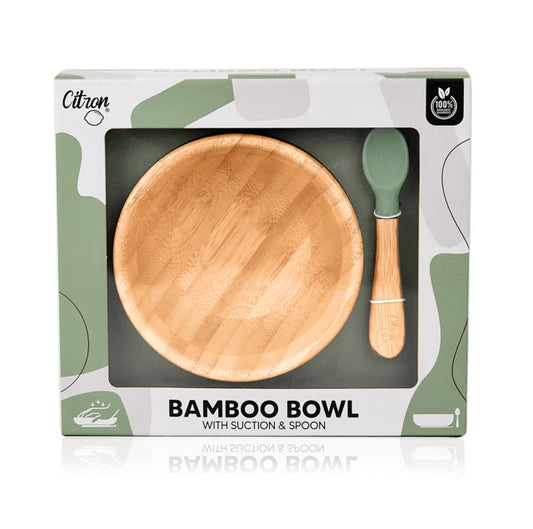 Citron Organic Bamboo Suction Bowl with Spoon 300ml GREEN