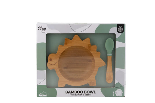 Citron Dinosaur Bamboo Bowl with Suction and Spoon GREEN