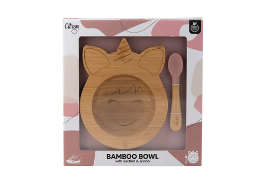 Citron Unicorn Organic Bamboo Bowl with Suction and Spoon - BLUSH PINK