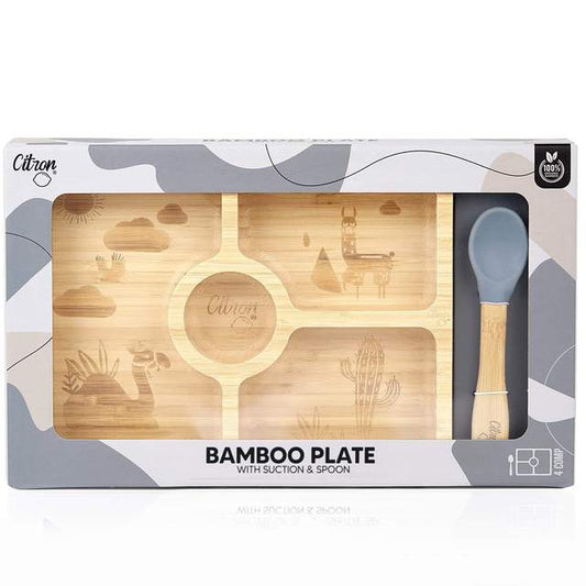 Citron Organic Bamboo Divided Plate With Suction and Spoon DUSTY BLUE