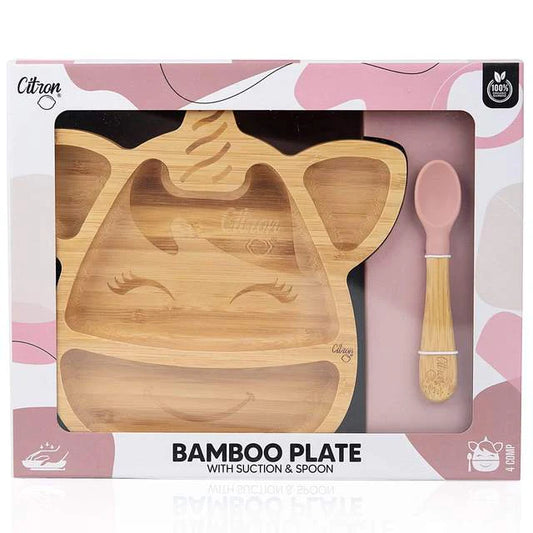 Citron Unicorn Organic Bamboo Divided Plate with Suction and Spoon - BLUSH PINK